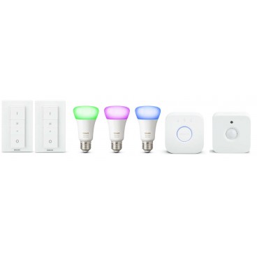 Pack Philips E27 blanc & couleurs 1 Détecteur et 2 interrupteurs Pack Philips E27 blanc & couleurs 1 Détecteur et 2 interrupteurs